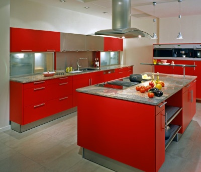 modern kitchen with red cupboard